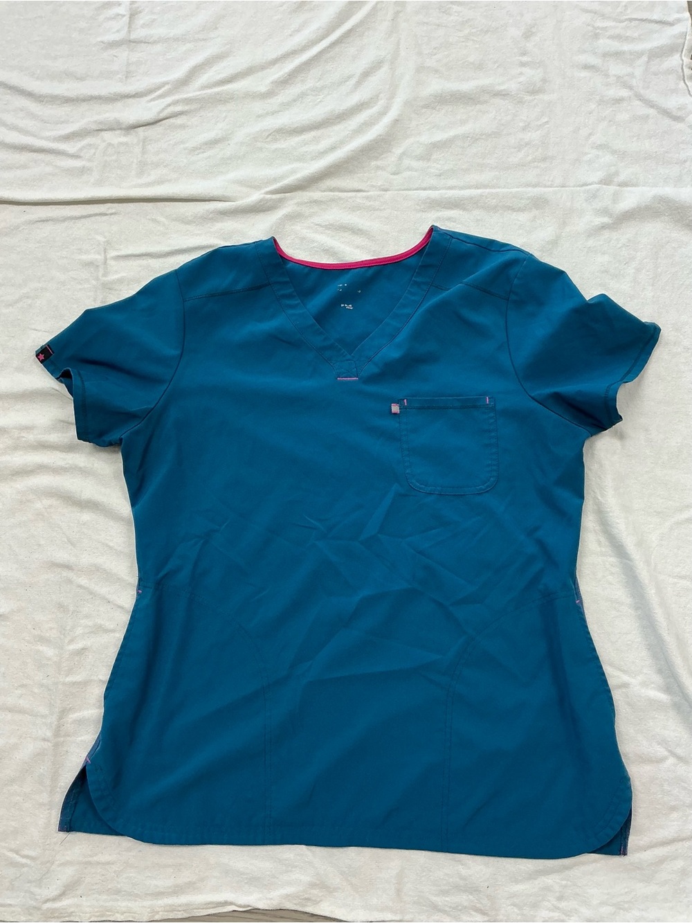 Scrubstar Teal V-Neck Short Sleeve Scrub Top with Pink Trim